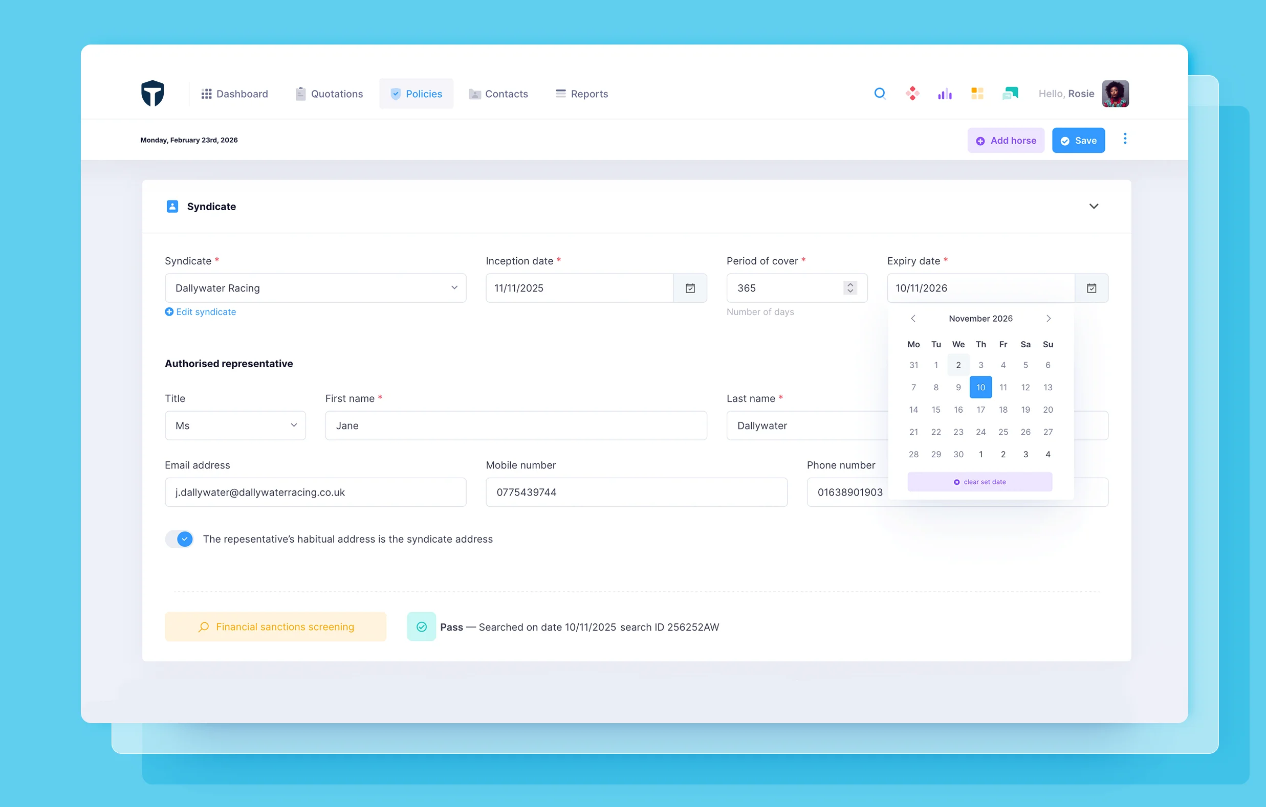 Bloodstock insurance management software